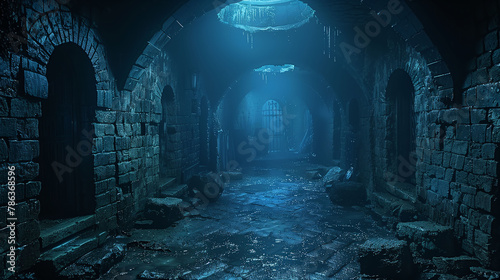 A dark, eerie underground dungeon with arched stone walls, icy stalactites, and a distant barred gate. photo