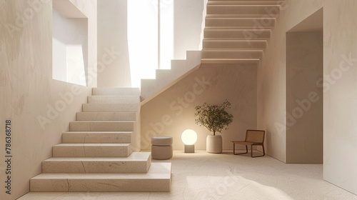 Modern beige stairs with Scandinavian influences in a spacious lounge illuminated by a window.