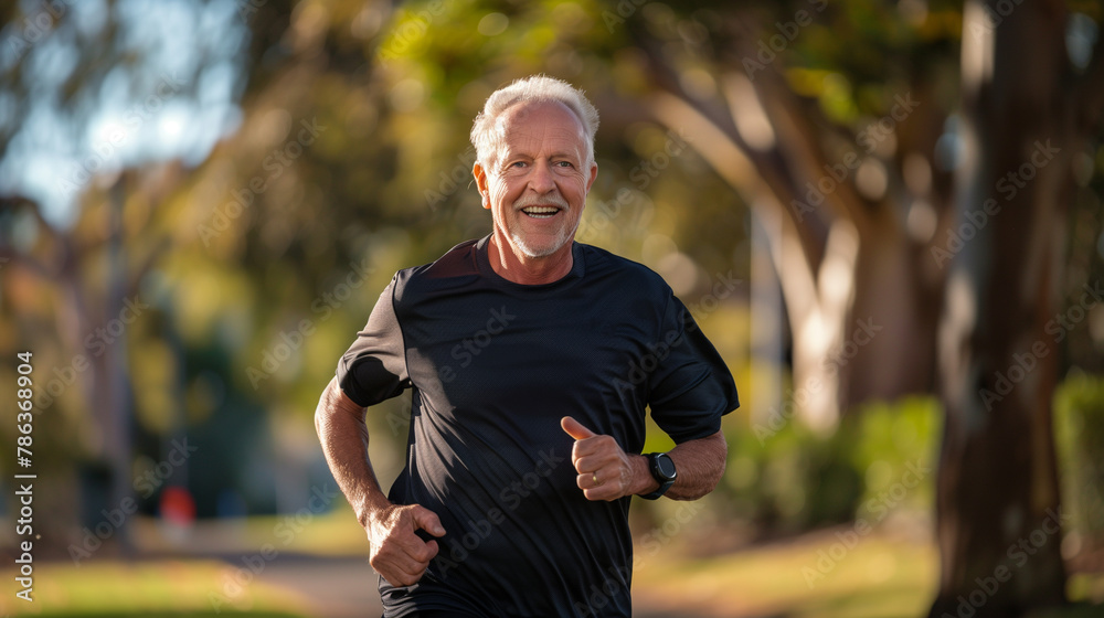 A smiling senior man is jogging in the park, Generative AI A smiling senior man is jogging in the park, Generative AI