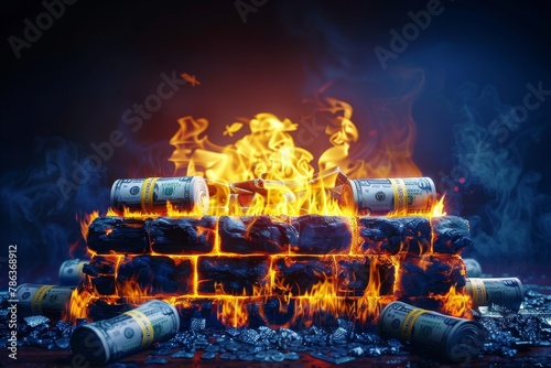 Money burning in a fireplace to keep warm during winter, A satirical depiction of the rising cost of energy