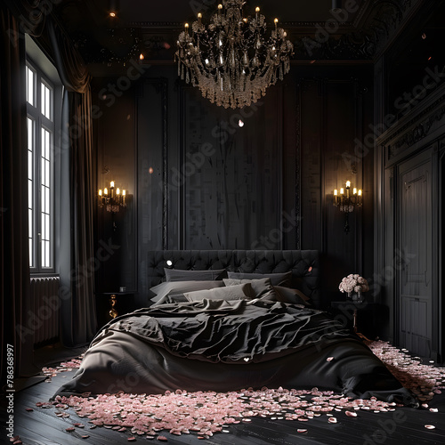 Elegant bedroom with a kingsize bed, black chandelier, and hardwood flooring photo