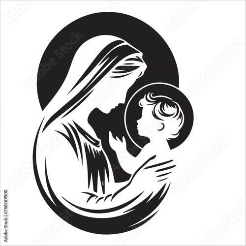 Mary holding a Baby Jesus in black and white Vector
