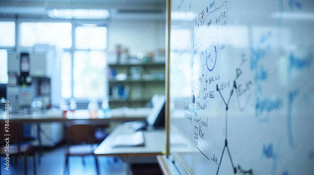 A close-up of a whiteboard in an empty classroom, filled with chemical equations and lab procedures.