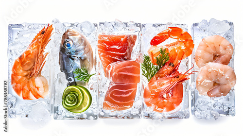 Frozen food. Different seafood in ice cubes 