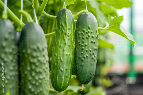 A bunch of cucumbers hanging from a plant. The cucumbers are green and have a bumpy texture. Growing cucumbers in a hydroponic greenhouse
