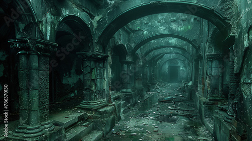 A haunting view of an abandoned underground tunnel with deteriorating arches and scattered debris, bathed in a mysterious blue light.