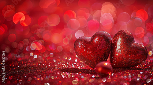 Red hearts on the background of red glitter. Romantic moment, Love theme style.