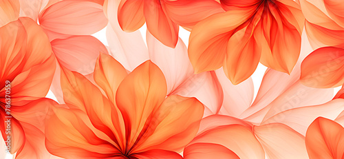 Abstract peach fuzz petals on white background. 2024 Trendy color. Spring concept. Can be used as background. Banner format.