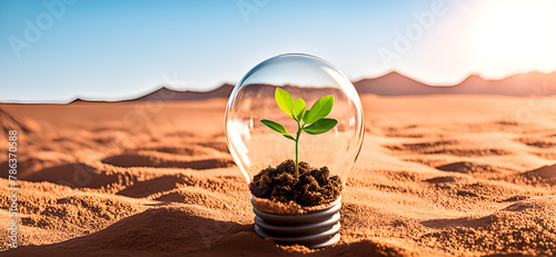 A little growing green plant inside of a light bulb in desertic landscape. For concept of reforestation and recovery of landscapes desertified by human impact. Panoramic view.  photo