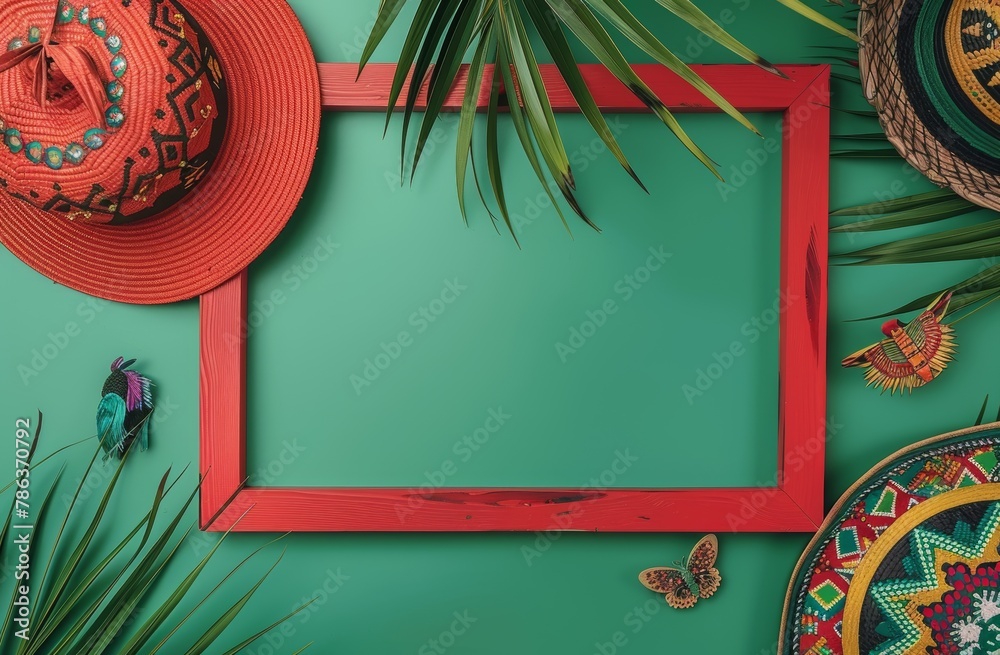 cinco de mayo mockup minimalistic red wooden frame with mexican decorations, green background. Cinco de Mayo themed mockup design template, with festive decorations