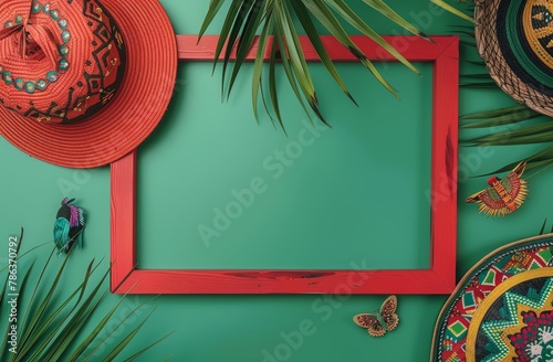 cinco de mayo mockup minimalistic red wooden frame with mexican decorations, green background. Cinco de Mayo themed mockup design template, with festive decorations photo