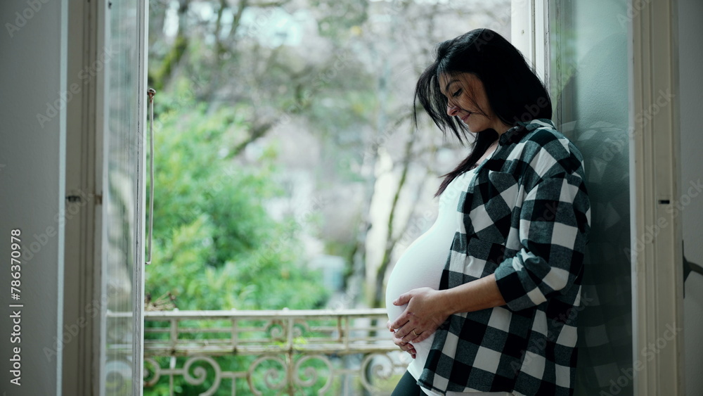 Joyful Pregnant Woman Lovingly Stroking Belly, Standing at Apartment Balcony Window Overlooking Scenic View - Essence of Maternal Love, Awaiting Newborn