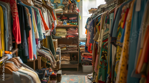 Second hand clothing shop, charity shop or thrift store, which sell second hand, used clothing, accessories, books and household goods photo