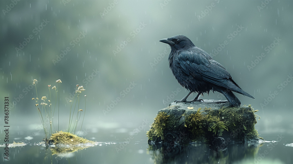 Fototapeta premium A raven perched on a mossy rock in the rain, with a misty forest background.