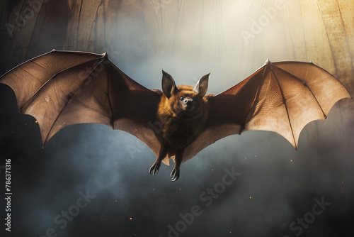 a bat flying through the air with its wings spread out