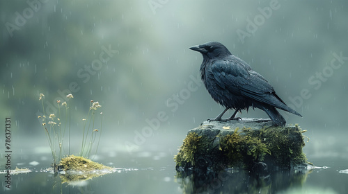 A raven perched on a mossy rock in the rain, with a misty forest background.