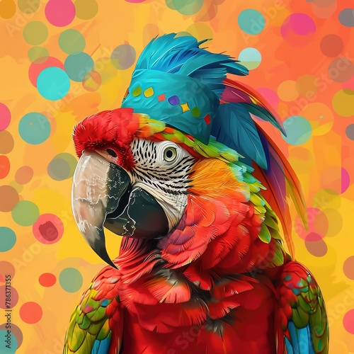 A vibrantly colored macaw parrot against a polka-dotted background photo