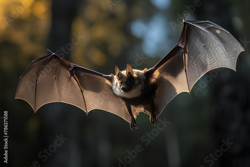 a bat flying through the air with its wings spread out