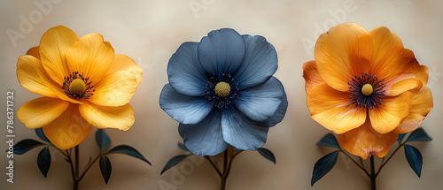 three different colored flowers are shown in a row on a table