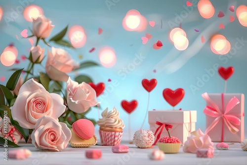 romantic valentines day background with roses sweets presents and hearts 3d illustration