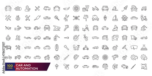 Car and automation Simple Icon Set. Truck Logistics Related Vector Line Icons. Contains such Icons as Cargo Inspection, Route, Forklift at warehouse and more.