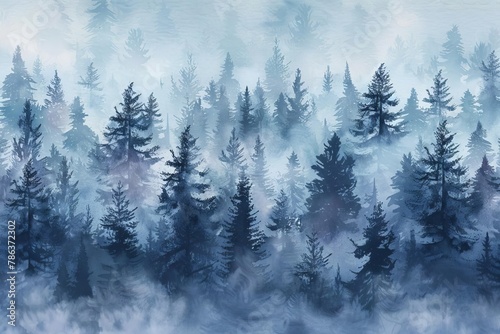 seamless pattern of misty forest handpainted watercolor illustration