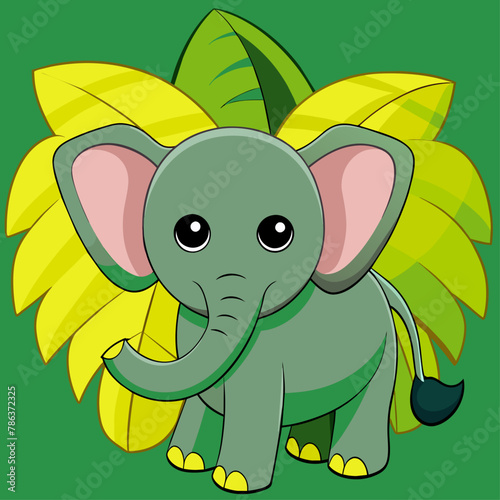 elephant with banana leaves,elephant, animal, banana, leave, cartoon, vector, cute, kawai, green