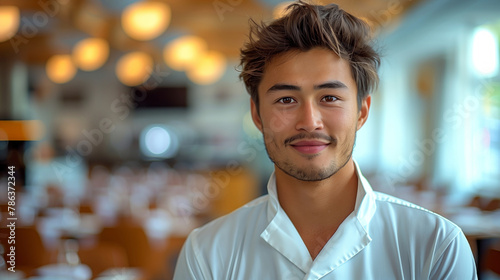 A smiling man in a chef's uniform. Concept of happiness and contentment, as the man's smile is bright and welcoming. Enthusiastic housekeeper wear staff uniforms, in a modern hotel conference room