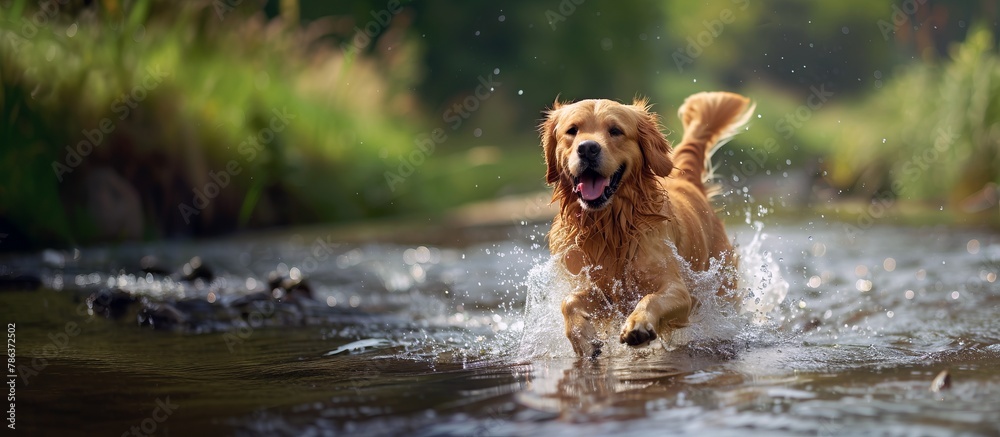 golden retriever dog happily plays and bathes in the river on a warm summer day golden retriever dog happily plays and bathes in the river on a warm summer day