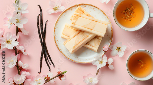 Glazed curd cheese bars vanilla pods and tea on pink background