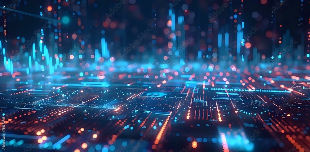 Obraz premium Blue glowing holographic stock market graphs on abstract background