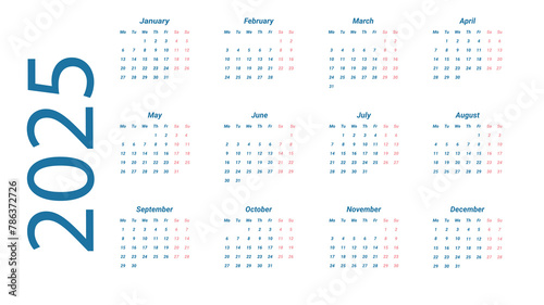Calendar template for 2025 by month. The week starts on Monday. A business calendar in a minimalist style.