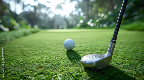 Close-up of a golf ball placed next to a golf club on vibrant green grass photo