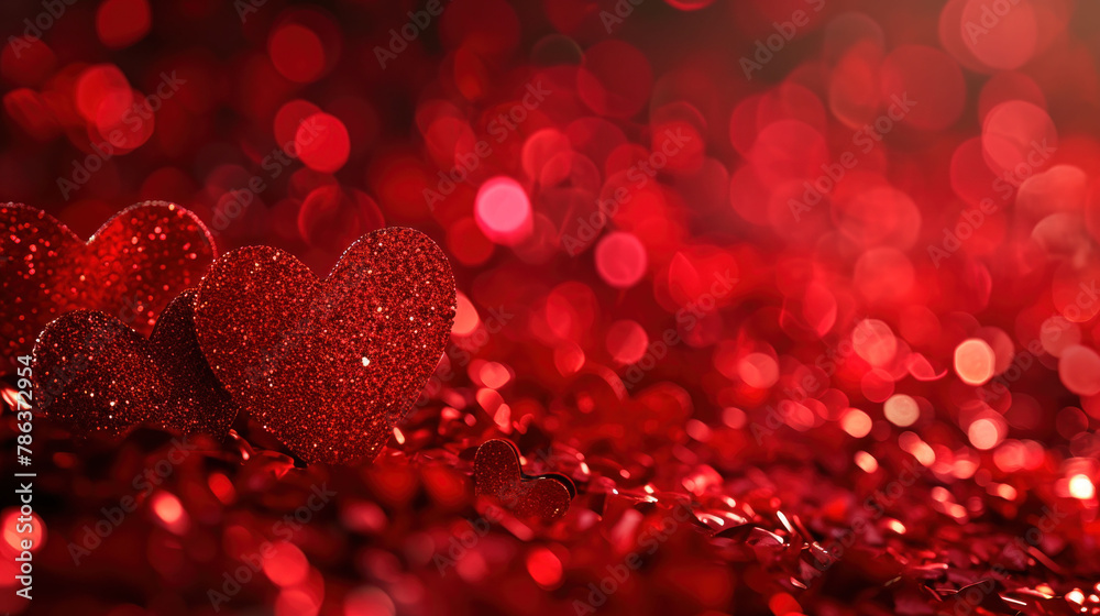 background of many red shiny hearts, tender romance, postcard, banner, copy space