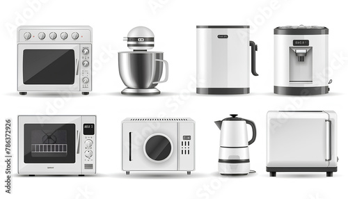 Set of modern household appliances on a white background