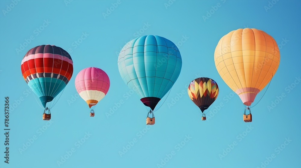 Naklejka premium Colorful Hot Air Balloons Floating in a Clear Blue Sky Perfect for Travel Themed Designs and Adventurous Outdoor Product Promotions