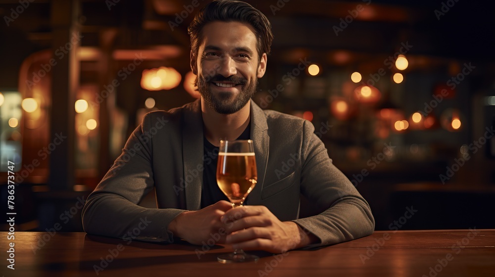 A smiling man enjoying a drink at a bar - obrazy, fototapety, plakaty 