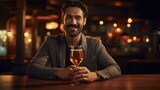 A smiling man enjoying a drink at a bar