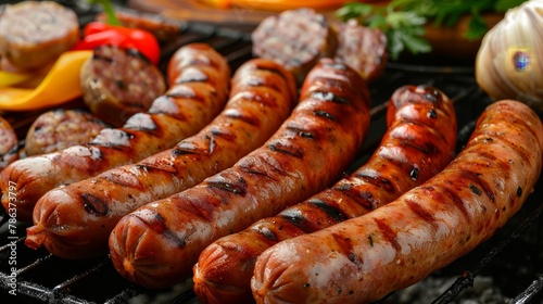 Sumptuous bbq dinner with grilled sausages on a clean table, resembling a real life photograph.
