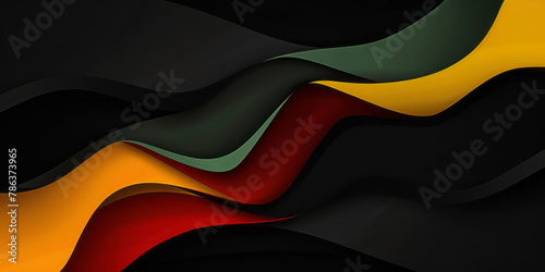 A black backdrop features a simple, minimalistic design of three large curved lines in the colors of the flag.