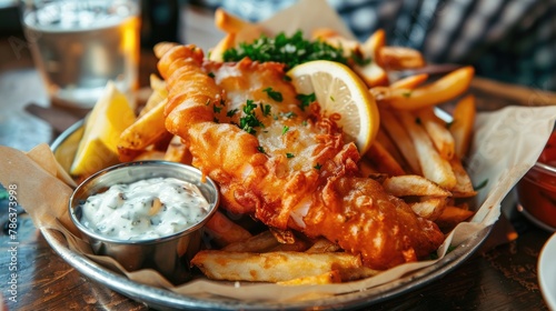 Fish and chips served on a plate with tartar sauce and lemon