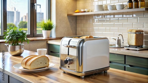 Modern toaster with bread on table in kitchen.