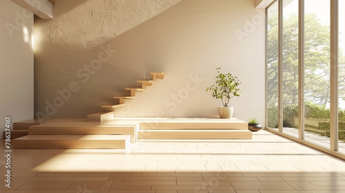 Contemporary beige stairs in a Scandinavian-style lounge with an expansive window.