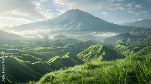 A lush green volcano towers into the sky, bathed in soft natural light. photo