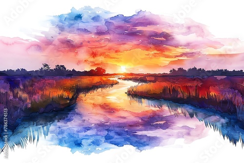 Craft a picturesque scene of a serene sunset over a meandering river using digital photorealistic rendering techniques to accentuate the calming hues of the sky and water