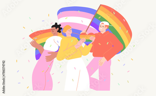 Cheerful characters with lgbt rainbow celebrate pride month or day vector flat illustration. LGBTQ or transgender support event or festival on social media banner or post template, greeting card.