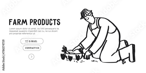 Agricultural worker or farmer hold basket and collect vegetables from his farm to sell on market. Hand drawn simple ink vector illustration. Farming, agriculture or local organic production concept.