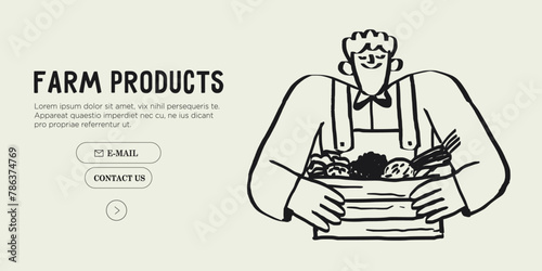 Agricultural worker or farmer hold crate and sell fruits and vegetables from his farm at market. Hand drawn simple ink vector illustration. Farming, agriculture or local organic production concept.