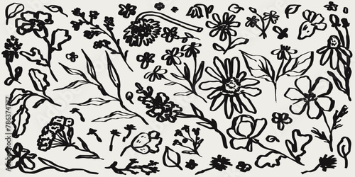 Abstract contemporary minimal flower collection. Modern vector illustration. Ink hand-drawn flowers set. Wild flowers and plants in charcoal or crayon drawing style. Pencil drawn branches and leaves.