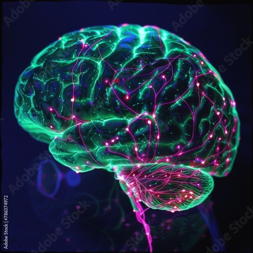 Neon green brain illustration radiating with light, evoking themes of growth, eco-friendliness, and futuristic innovation